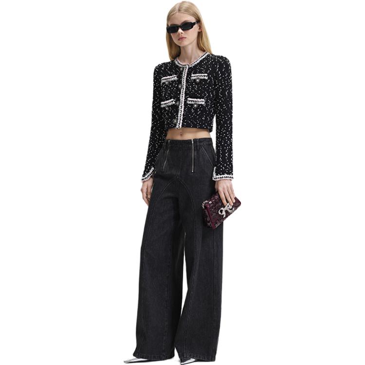 Self-Portrait Snowflake Dot Light Pink Fringed Knit Long Sleeve Jacket Women jackets Black Mixed-Color SWF344M05500