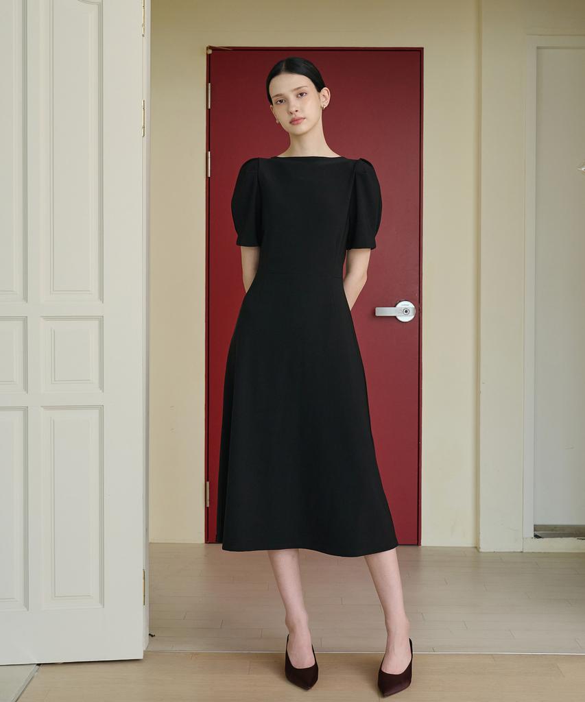 Bye Bye Seop Boat Neck Puff Long Dress Black [T43]