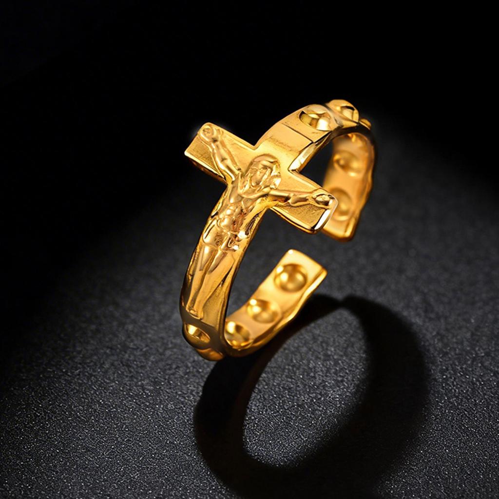 Vnox Stainless Steel Open Cross Ring for Men, Adjustable Jesus Crucifix Faith Band, Black Gold Silver Color Religious Rings NEW