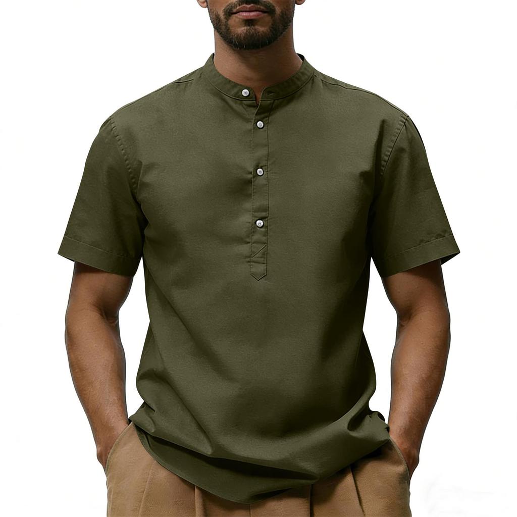 Herren Casual, Farbe V, Ausschnitt Kurz,ärmeliges T,shirt, Baumwoll-Leinen-Mischung Lässiges Oberteil Mit Dekorative Knöpfen.