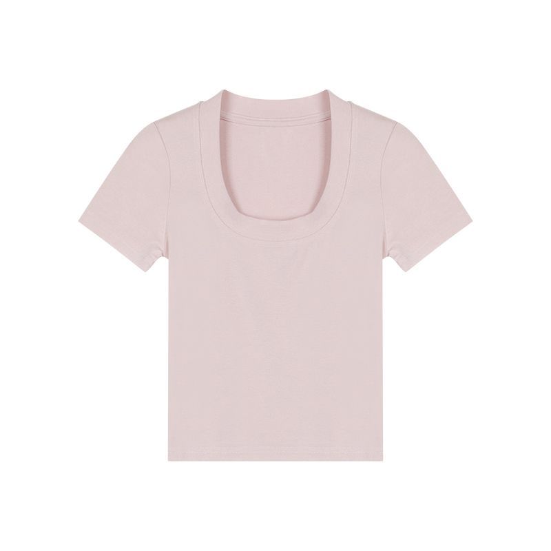 

Хлопковая футболка в корейском сладко-остром стиле, однотонная, с U-образным вырезом, открывающая ключицы, с короткими рукавами. Летний новый облегающий короткий топ с высокой талией. XL