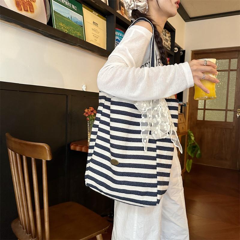 Hochwertige doppelseitige gestreifte Canvas-Tasche, neue lässige Pendler-Schulter-Tragetasche mit großer Kapazität