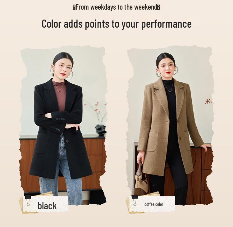 Women's Black Wool Coat - High-End, Thick, Mid-Length, Stylish for Autumn/Winter 2025