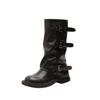 Grape mother two versions of height increase fashionable new belt buckle square round head fold medium tube knight boots boots women's autumn