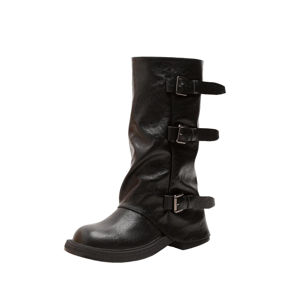 Grape mother two versions of height increase fashionable new belt buckle square round head fold medium tube knight boots boots women's autumn