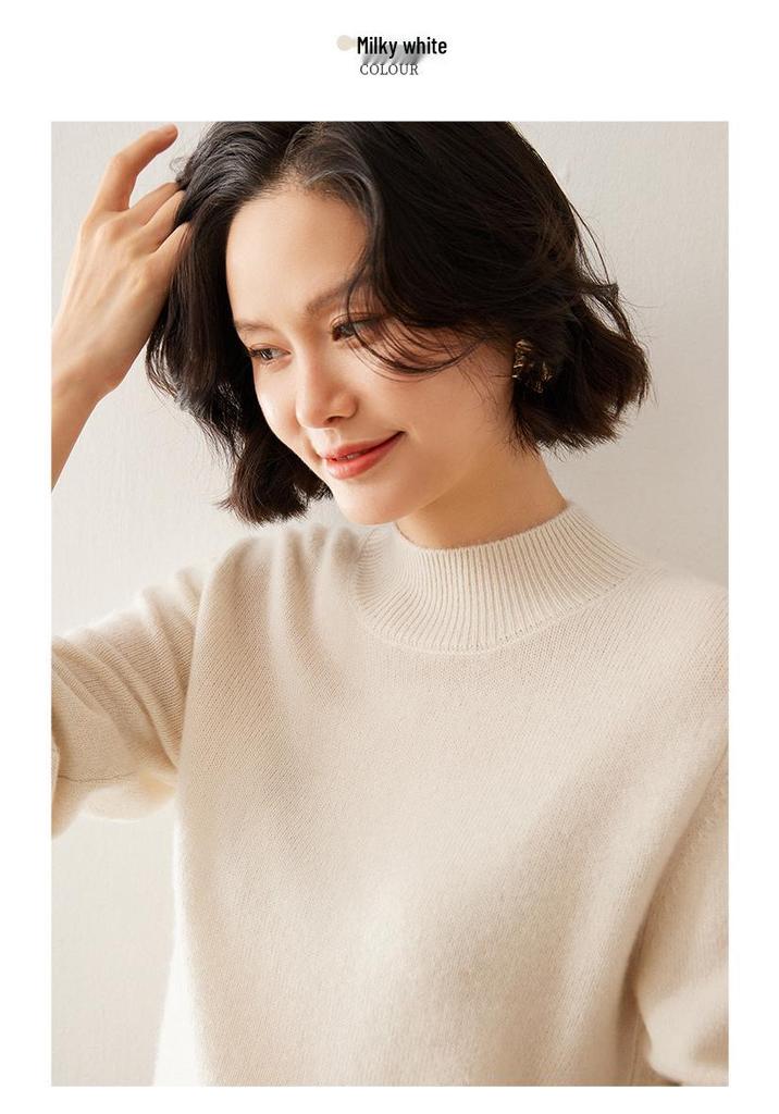 Women's Classic Cashmere Sweater - Autumn/Winter Style, Seven-Stitch Half-High Collar, Regular Shoulder, Long Sleeve, Solid Color, Commuter-Friendly.