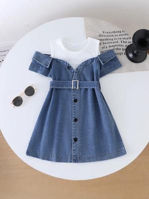 2025 Sommer Kinder Europäisch-Amerikanisches Patchwork-Denim-Kleid & Gürtel Set