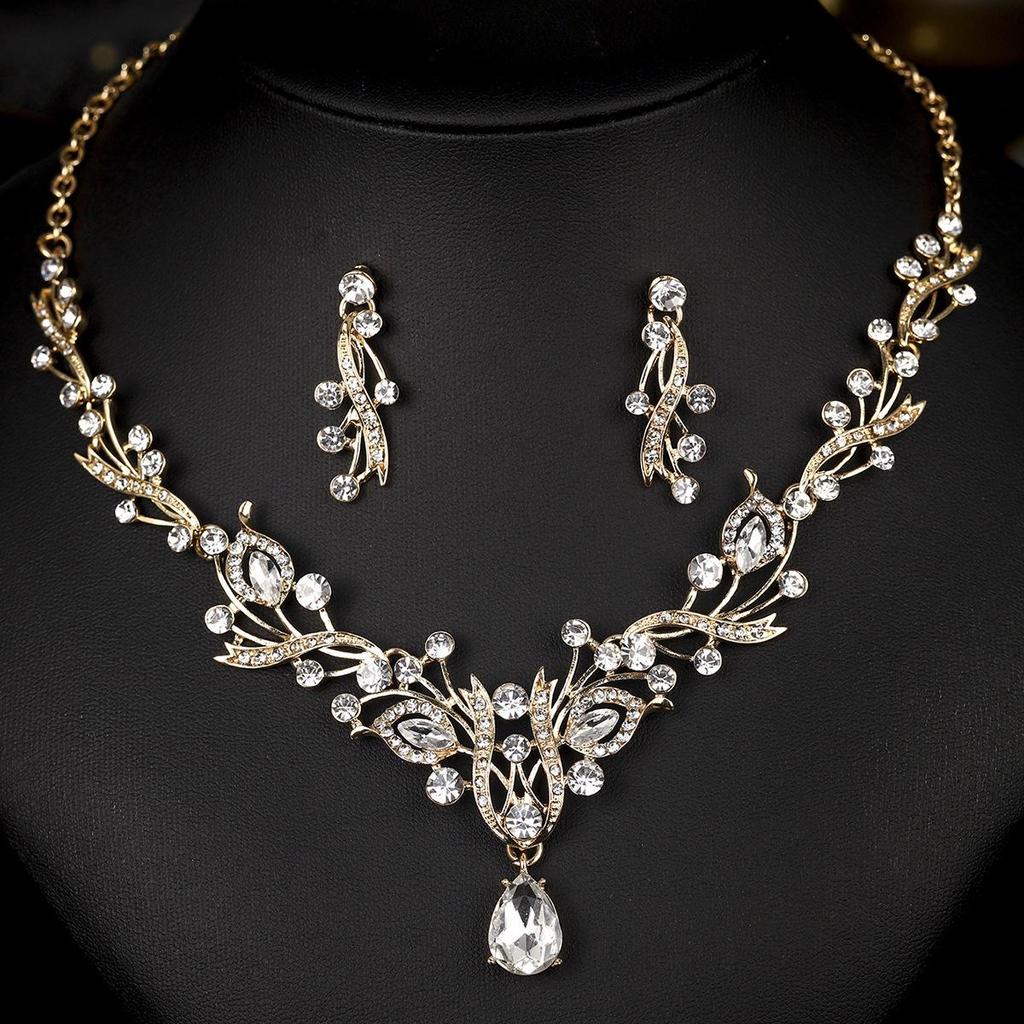 Vintage Crystal Floral Teardrop Bridal Necklace & Earring Set - Elegant Evening Jewelry