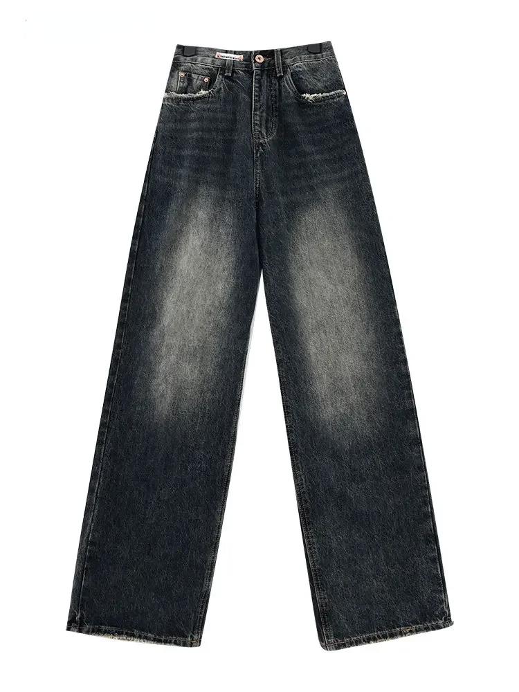 Harajuku Streetwear Retro Fashion Autumn Women High Waist Jeans Loose Wide Leg Straight Loose Denim Trousers Y2K Baggy Pants