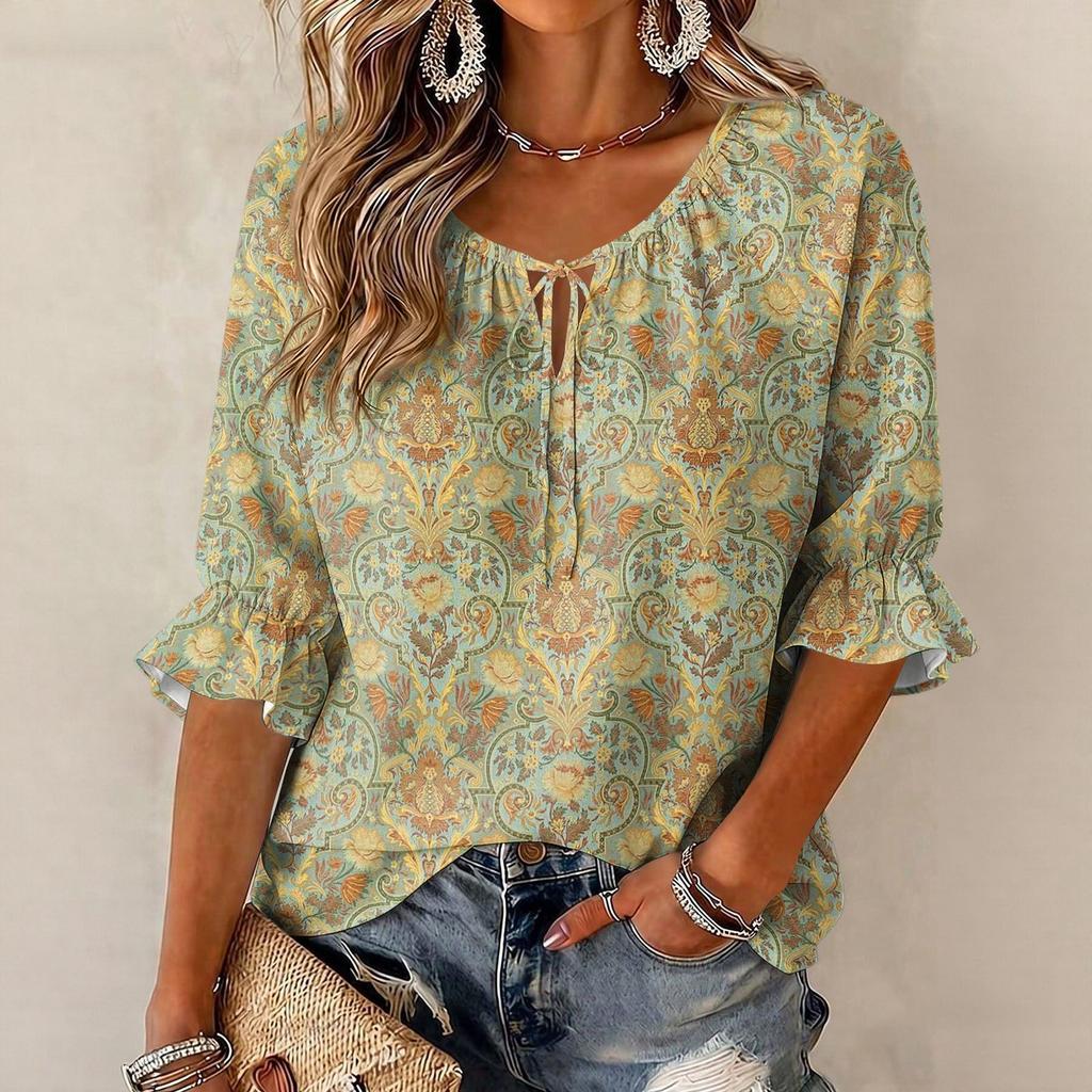 Women's Vintage Floral Print Blouse with Tie Neck and Ruffle Three-Quarter Sleeves