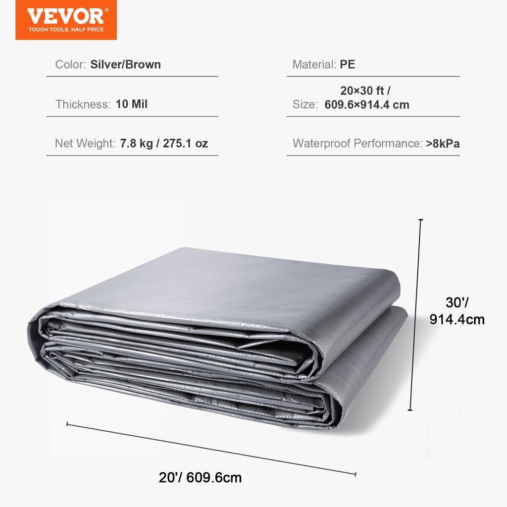 Tarp Waterproof 20x30 ft, Plastic Poly Tarp Cover 10 Mil, Multi Purpose Tear UV and Temperature Resistant Outdoor Tarpaulin with High Durability