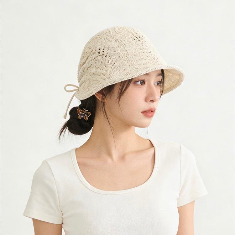 Spring And Summer Korean Hollow Knitted Heap Hat Women'S Fashion Show Face Small Sunshade Bucket Hat Travel Versatile