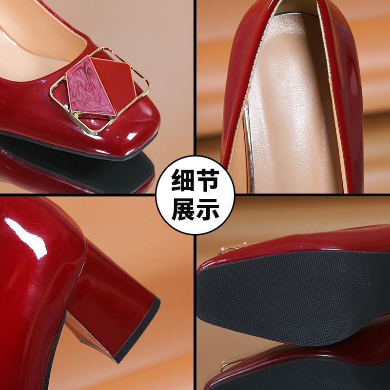 Spring thick heel single shoes fashionable and comfortable metal square buckle shallow mouth professional high heels women