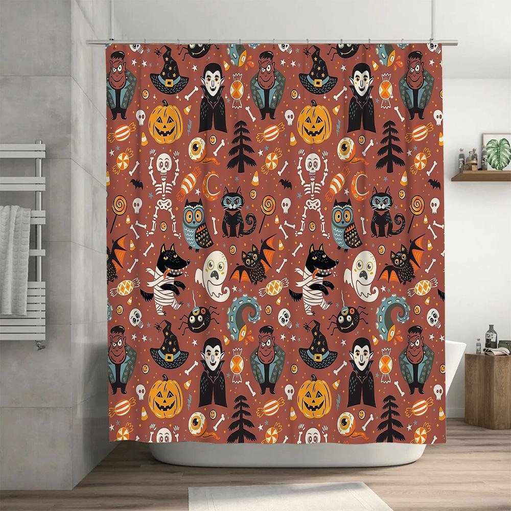 Spooky Halloween Shower Curtain Gothic Skull Bats Pumpkin Home Decor Bathroom Set