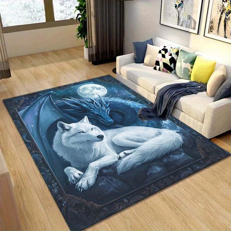 Luxurious Crystal Velvet Dragon and Wolf Mat – Anti-Slip Floor Mat with Celestial Design for Bedroom, Living Room, Office, and M