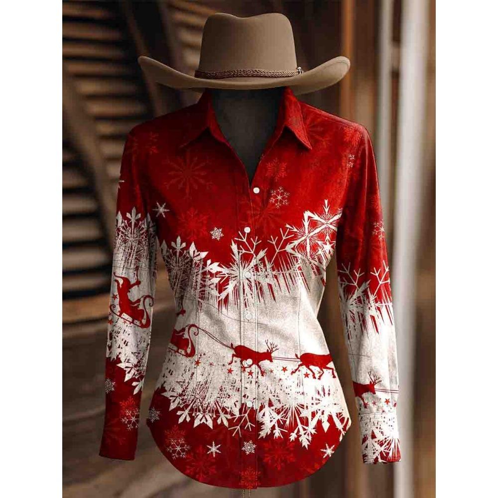 Christmas Vintage Women's 3D Printed Long Sleeve Shirts Casual Christmas Blouse Button-Up Western Cowboys Tops For Women