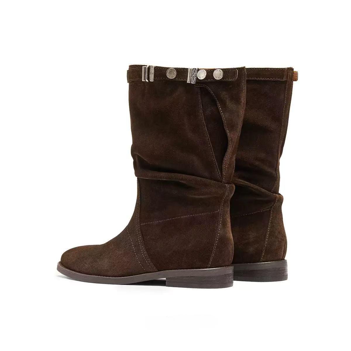 

Cowhide Edition~ Wilderness Pastoral Vintage Western Boots 2025 Autumn and Winter Atmosphere Brown Versatile Flat Folded Stacking Boots 40