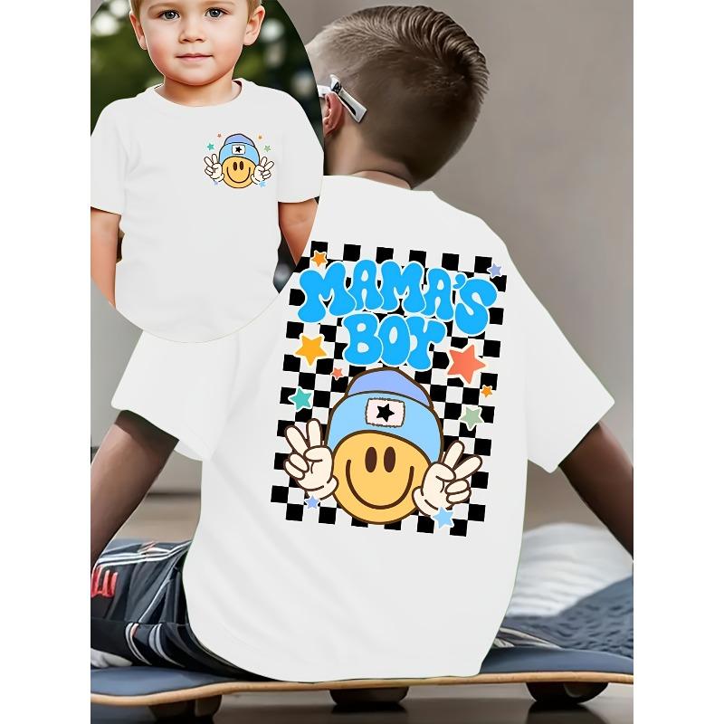 Summer Fashion Boys' Short-Sleeve T-Shirt with Checkerboard Element and Letter Double-Sided Print Casual