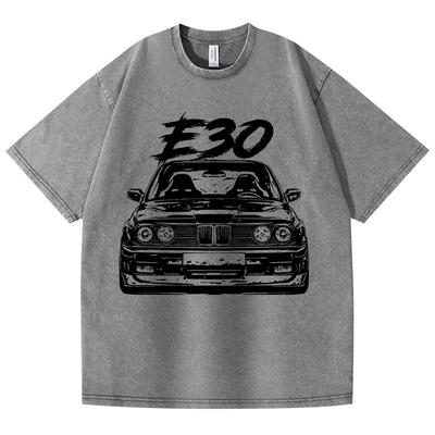 Retro Washed Vintage T-shirt E30 Car 100% Cotton T-shirt Fleece Thick Warm Women Men Hip Hop Printed Crewneck T-shirt
