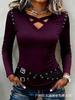 Women V Neck Crisscross Cutout Long Sleeve Top Eyelet Belt Decor Slim Fit Casual T Shirt Blouse