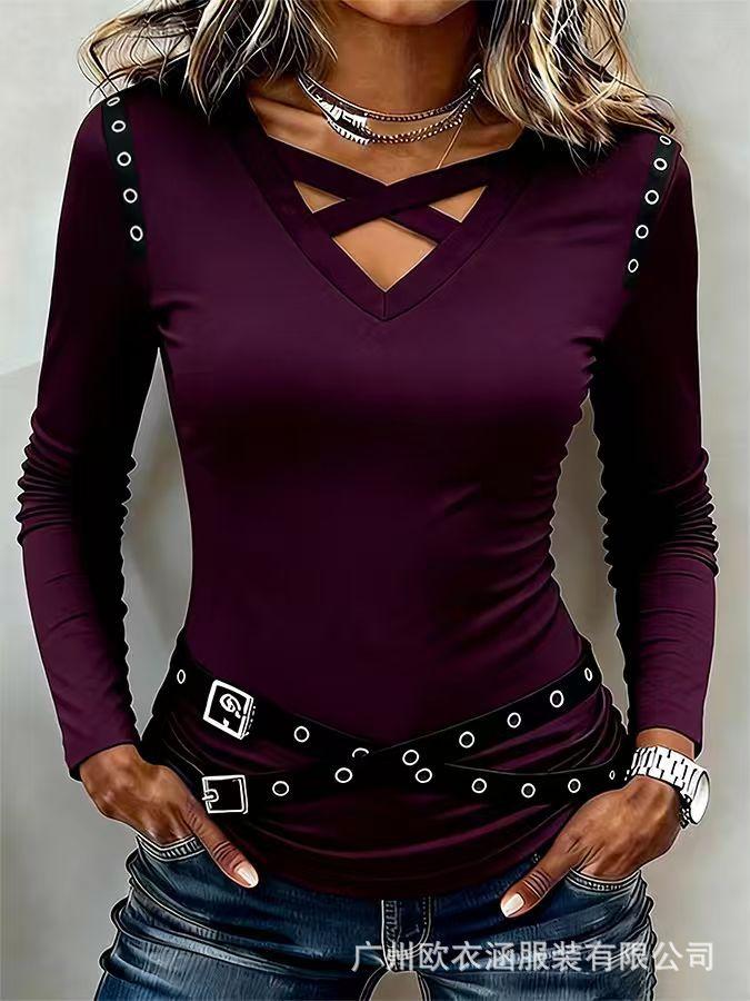 Women V Neck Crisscross Cutout Long Sleeve Top Eyelet Belt Decor Slim Fit Casual T Shirt Blouse