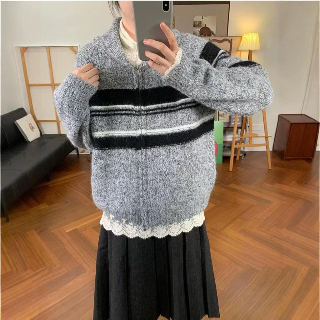 Retro Multi-Color Striped Knit Cardigan with Zipper and Half-High Collar