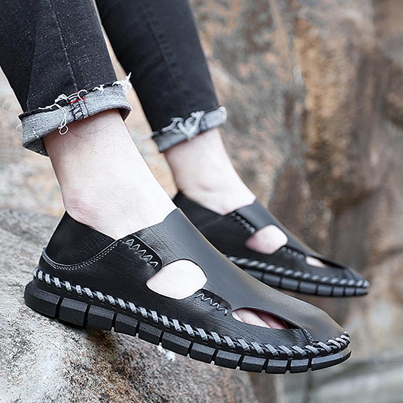 Summer Men Breathable Leather Sandal  Hiking Closed Toe Sandal Hiking Tours Shoes Outdoor Lightweight Anti Slip Camping Slippers