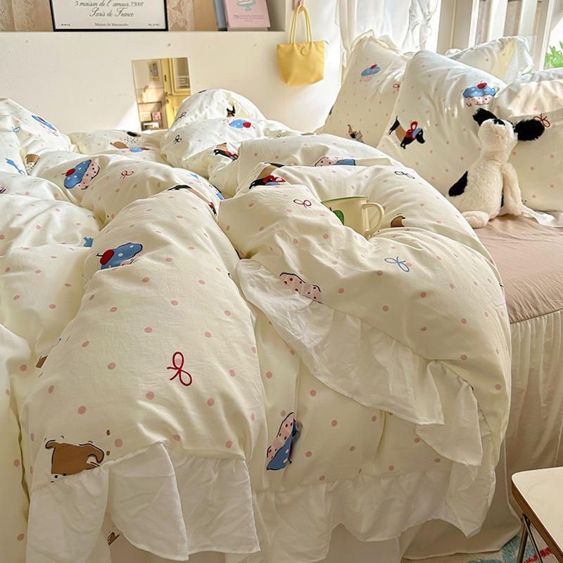 Small Fresh Pure Cotton Four-piece Set Lace Korean Version Princess Style Washed Cotton Bed Skirt Quilt Cover Cream Style Bedding