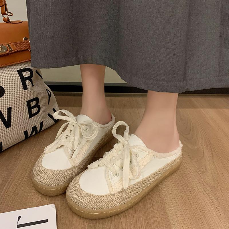 Lazy Slippers Women's Summer New Fashion Canvas Versatile Lace-up Casual Bag Head Muller Half Slippers Outer Wear