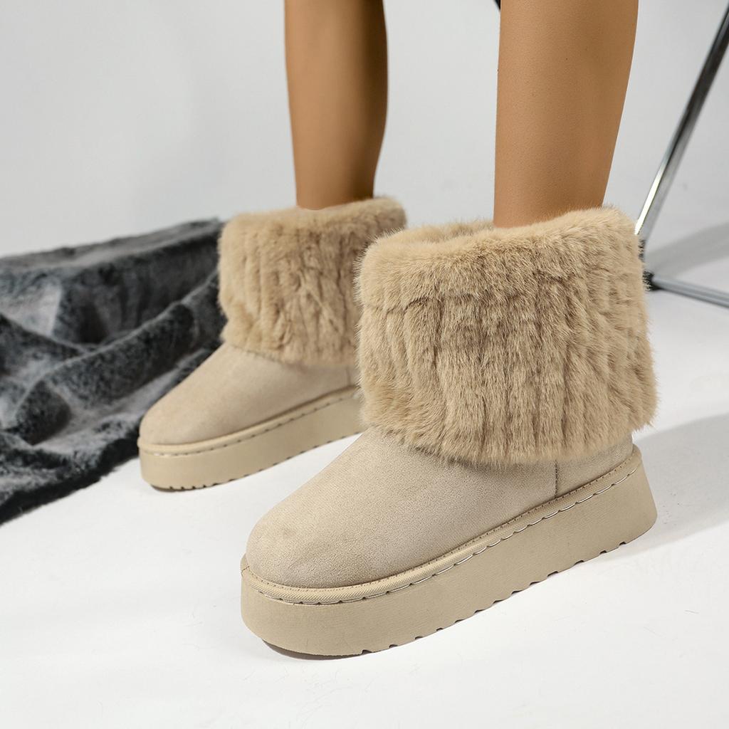 Shoes for Women Winter Slip On Women's Boots Black Round Toe Solid Flock Plush Warm Mid Heel Water Proof Casual Snow Boots Women