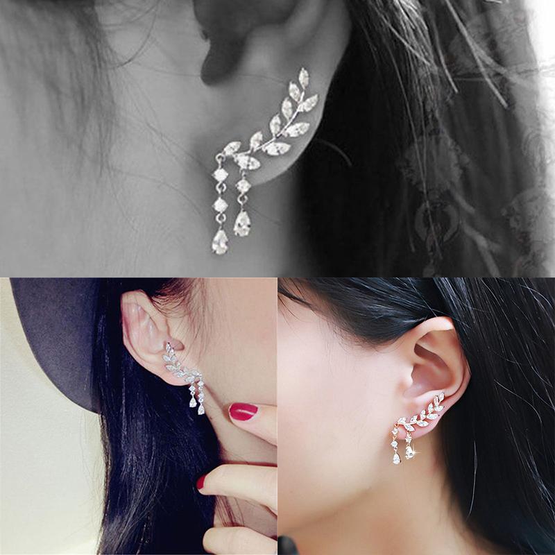 Women Gold Silver  Zircon Leaves Tassel Ear Stud Earrings Jewelry