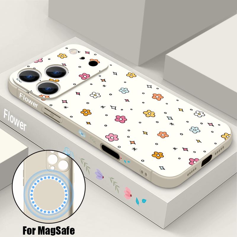 

Vintage Floral Case For iPhone 17 Pro Max iPhone 16 15 14 13 Pro Max Magnetic For Magsafe Soft Silicone Phone Back Cover iPhone 14 Pro MAX белый