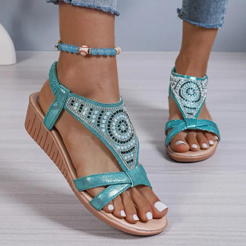 fashion Shoes for Women 2024 Plus Size Basic Women's Sandals Casual Daily Sandals Women Crystal Elastic Band Wedge Fashion Shoes Female