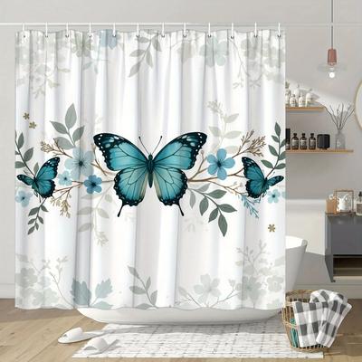 Elegant Butterfly & Floral Shower Curtain - Teal, Black, White On Light Gray, Whimsical Nature Design, Polyester, 12 Hooks