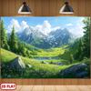 2D Plane Background Fabric of Mountain Forest and River Scenes Featuring Snow-capped Mountains Green Grassland and Blue Sky