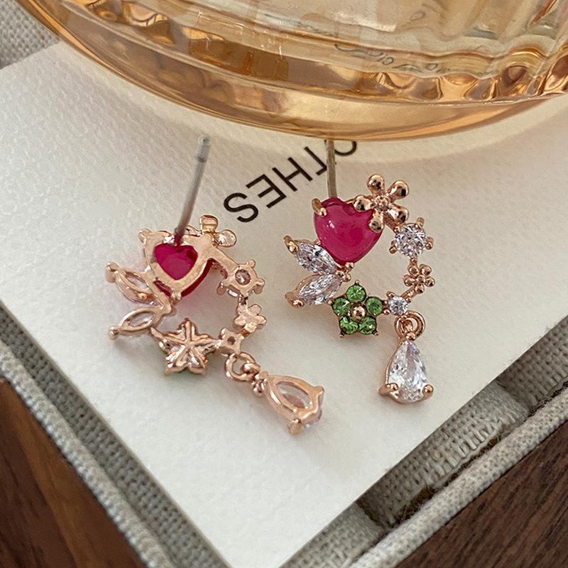 Flower Love Stud Earrings Ankola Red Water Drop Earrings Light Luxury Exquisite High Sense Chinese New Year Zircon Earrings Women