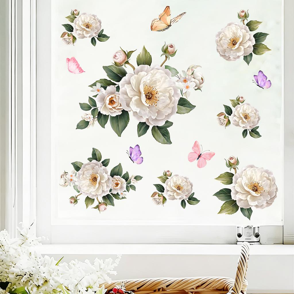 Elegant White Peony Static Cling Window Sticker Self-Adhesive Waterproof Removable Living Room Bedroom Glass Home Decor Art