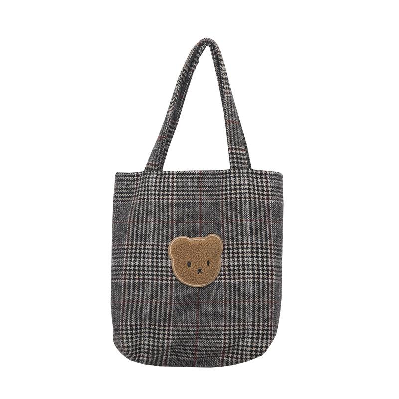 Spring and Autumn New Woolen Bear Embroidered Handbag Women's New Simple Small Bag Canvas Bag Large Capacity