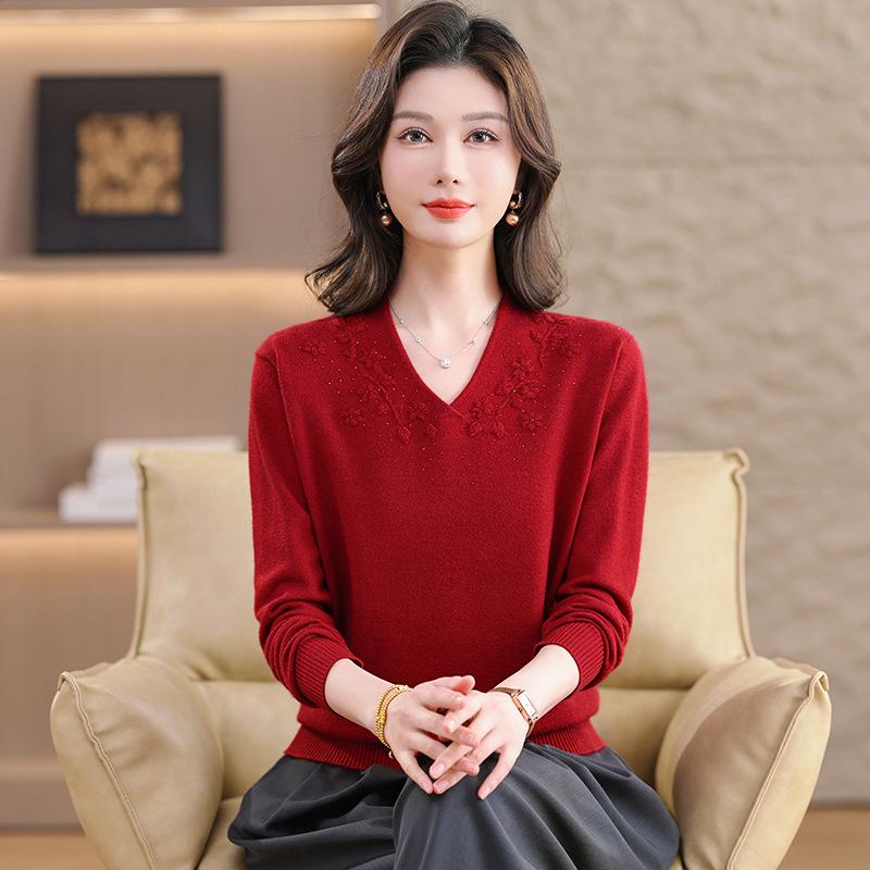 

Year of the Rat Women s Red V-neck Jacquard Sweater - Spring/Autumn Pullover 4XL [fit 145-160 jin]
