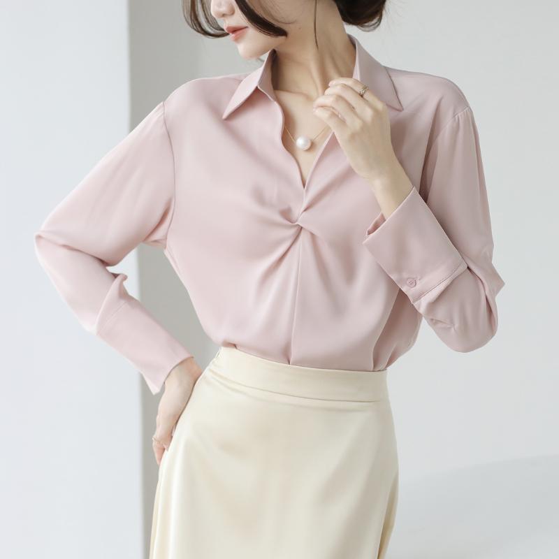 Office Lady Satin Casual Loose Shirts for Women Spring and Autumn Professional Long Sleeve Blouses Women Tops Slim Fit Temperament Elegant Shirt 26067