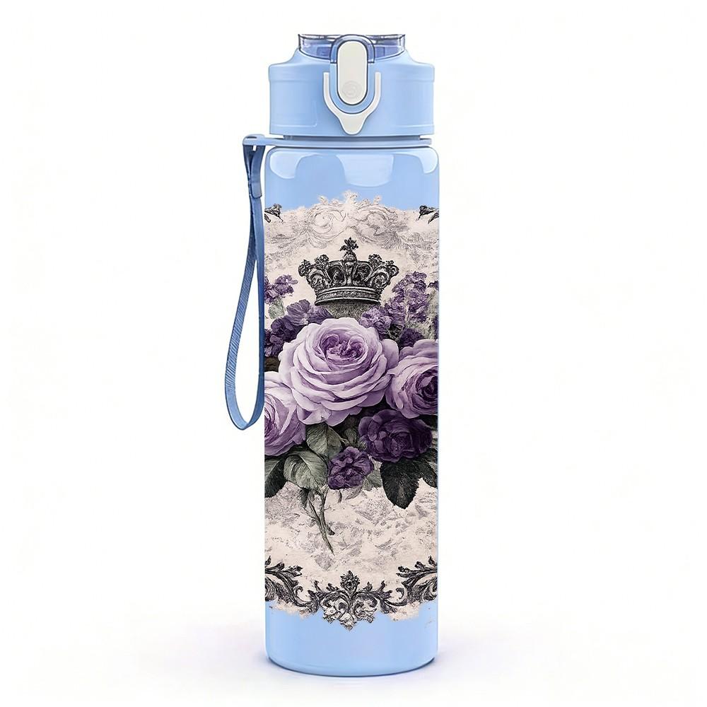 1PC Purple Rose Vintage Floral Print 750ml Color Plastic Sports Water Bottle Leakproof Flip Straw Lid Suitable for Sports Office Home Use
