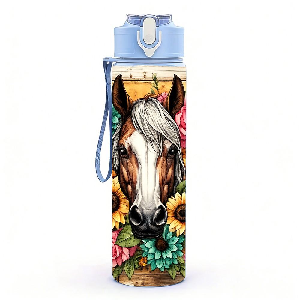 1 Stück Sonnenblumenpferd Westlicher Country-Druck 750ml Farbe Kunststoff Sport-Wasserflasche Auslaufsicher Klappdeckel mit Strohhalm Geeignet für Sport Büro Hausgebrauch