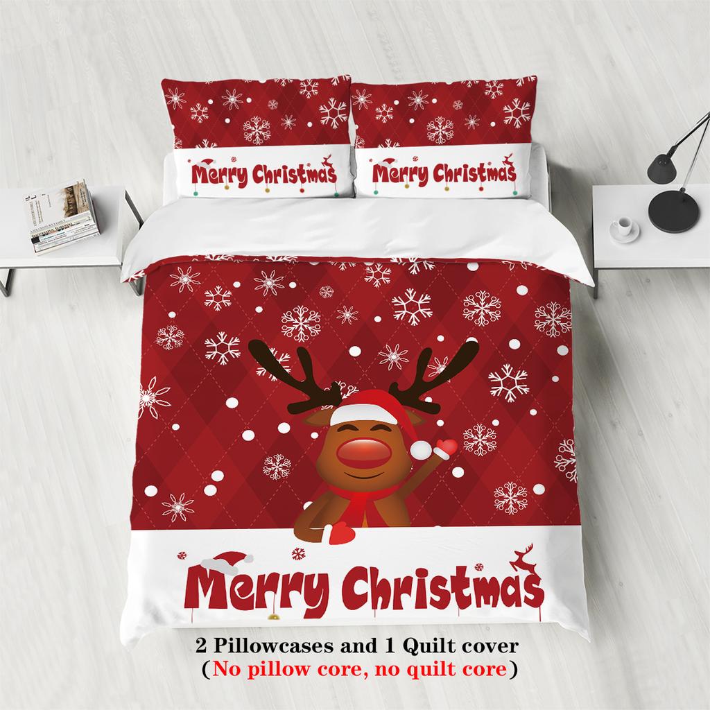 3-piece Christmas themed red checkered reindeer Santa Claus pattern print (1 duvet cover+2 pillowcases, no core) bedding set