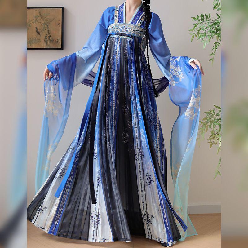 Chinesischer Tang-Dynastie-Stil Hanfu Blau Jungfräulich Serie Bestickt Brustlang Sommer Alltagsanzug