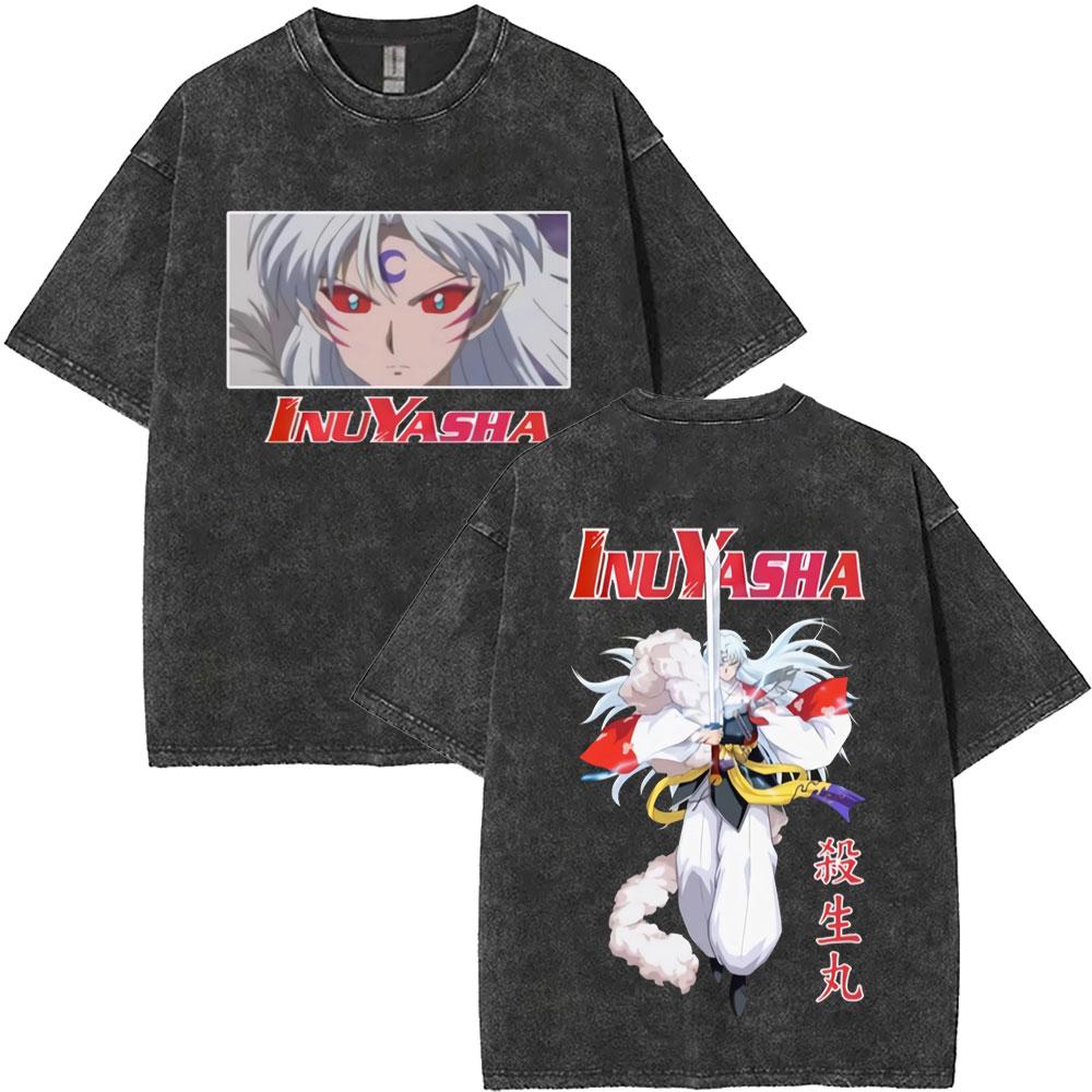 Washed Vintage Anime Inuyasha Graphic Print Tshirt Men Women Casual Oversized Cotton T Shirts Mens Retro Cartoon Streetwear