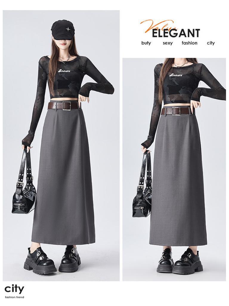 2026 Spring Women's Drapey Slimming High Waist A-Line Skirt with Belt