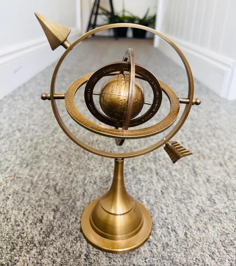Brass Armillary 10'' Sphere With Arrow Nautical Maritime Engraved Globe Rashi
