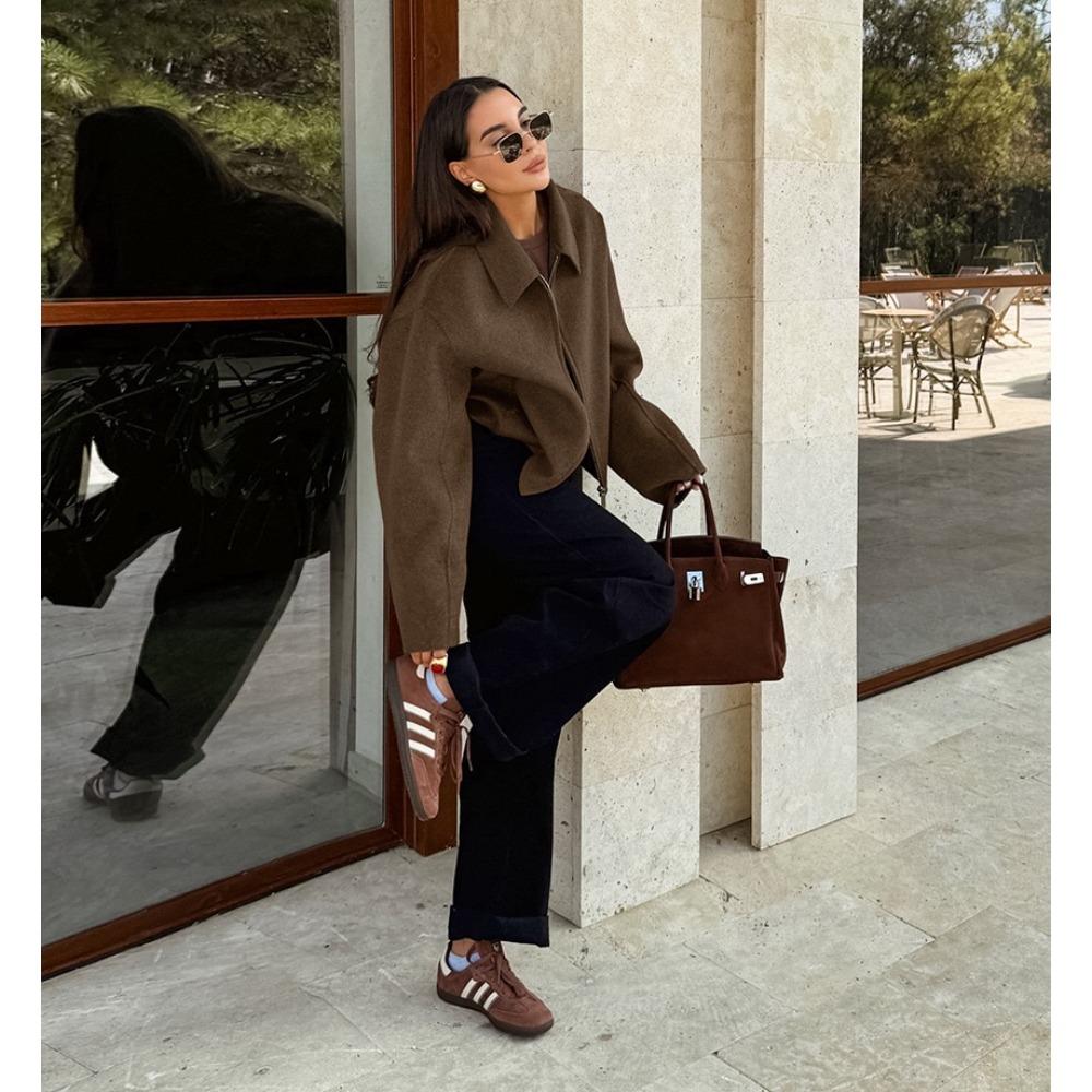Fashion Brown Zipper Jacket For Women Elegant Lapel Long Sleeve Short Coats Female Vintage Lady Street Outerwear