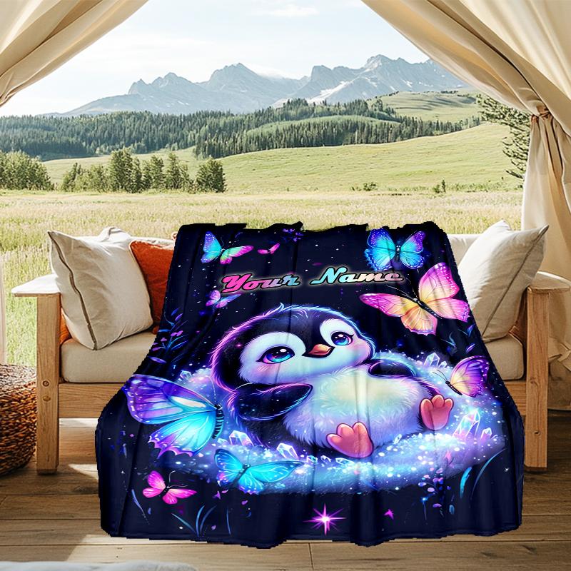 1PC Custom Name Penguin Butterflies Fantasy outdooor Flannel blankets Throw Blanket All-Season Throw Gift Bedspread for Couch, Bed, Camping Holiday Bi
