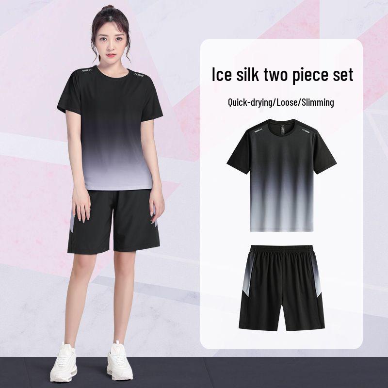 

Женский летний спортивный костюм из ледяного шелка: Быстросохнущая форма для бега и баскетбола с топом с коротким рукавом и свободными шортами XL